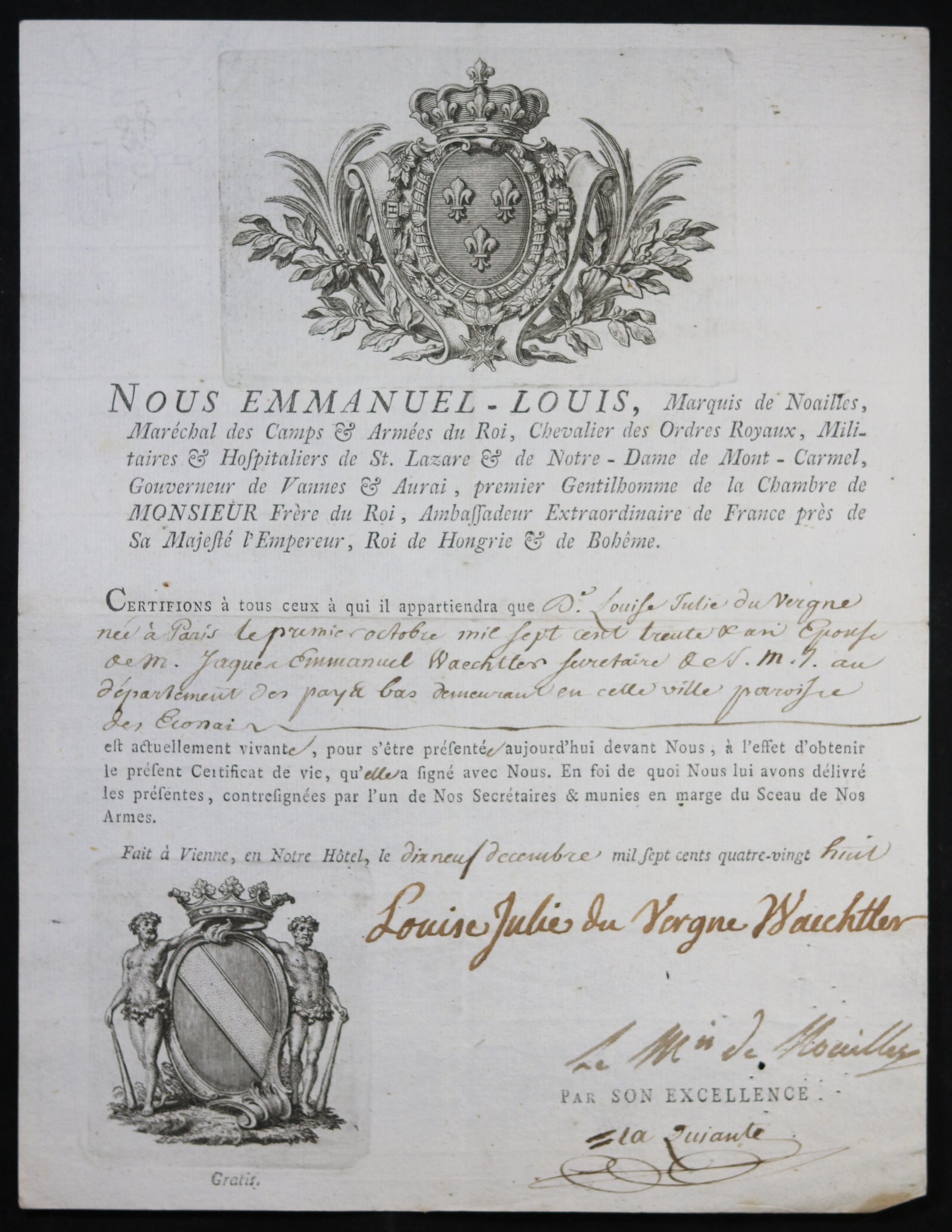 1788 certificat de vie signé par Marquis de Noailles à Vienne