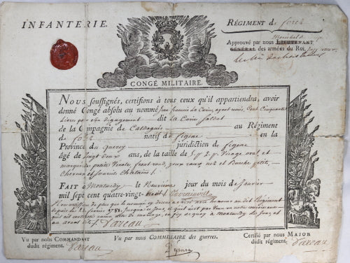 1788 congé militaire, Régiment d'Infanterie de Forez