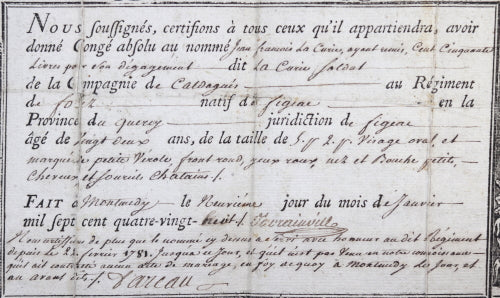 1788 congé militaire, Régiment d'Infanterie de Forez