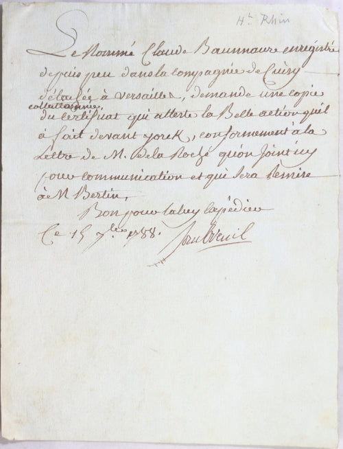 1788 lettre Sombreuil Gouverneur des Invalides, sujet brave militaire