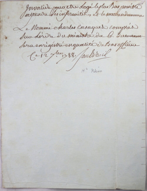 1788 lettre de Sombreuil Gouverneur des Invalides, un invalide logé 