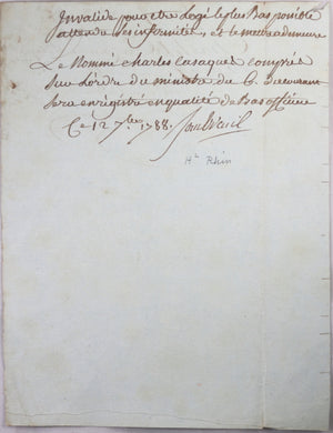 1788 lettre de Sombreuil Gouverneur des Invalides, un invalide logé 