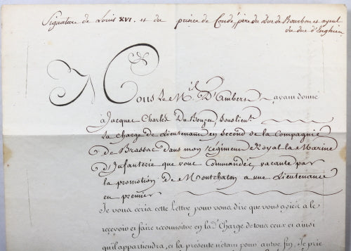 1788 promotion régiment Royal Marine, signé Louis-Prince Condé-Brienne