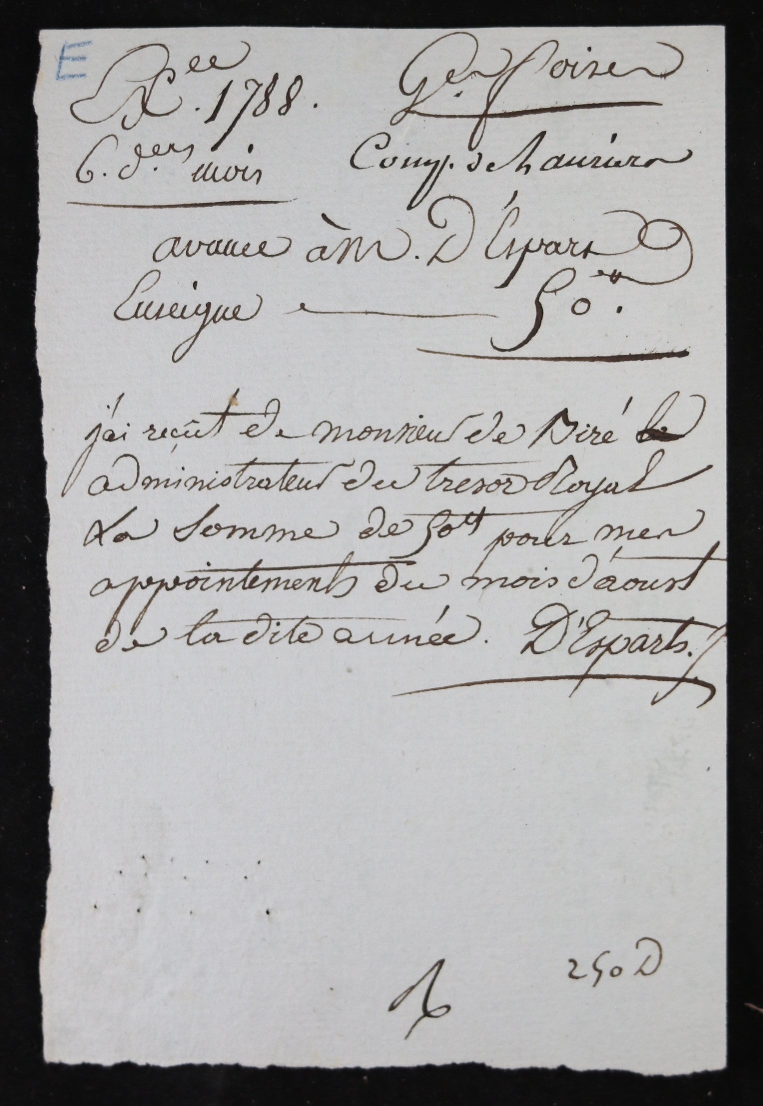 1788 quittance appointement pour d'Esparts, enseigne Gardes Francaises