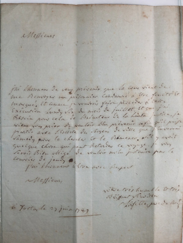 1789 France lettre de Tartas, fouetter et marquer un prisonnier
