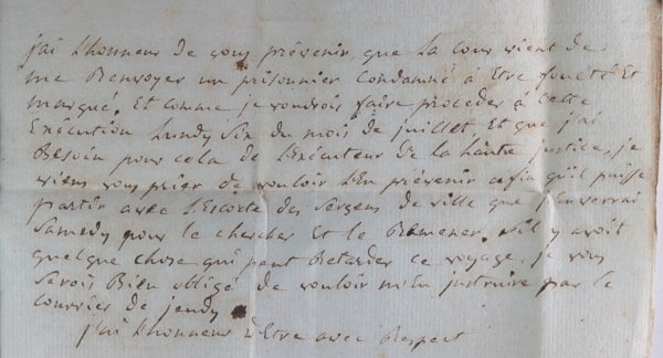 1789 France lettre de Tartas, fouetter et marquer un prisonnier