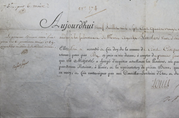 1789 Versailles, brevet de pension veuve, garçon Petit Écurie du Roi