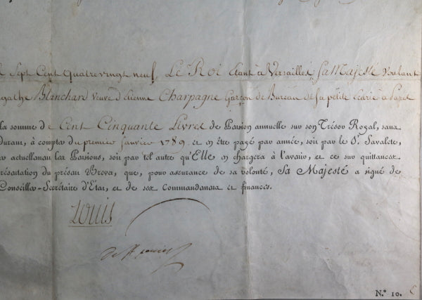 1789 Versailles, brevet de pension veuve, garçon Petit Écurie du Roi