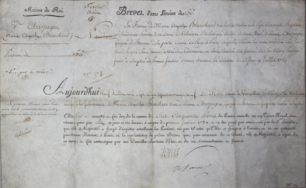 1789 Versailles, brevet de pension pour veuve, garçon Petit Écurie du Roi