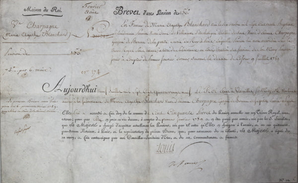 1789 Versailles, brevet de pension veuve, garçon Petit Écurie du Roi