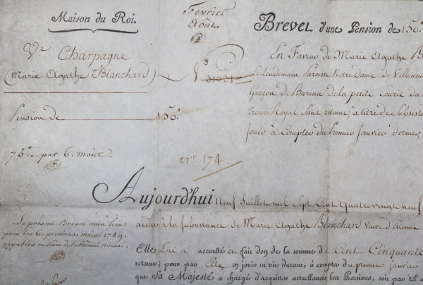 1789 Versailles, brevet de pension veuve, garçon Petit Écurie du Roi