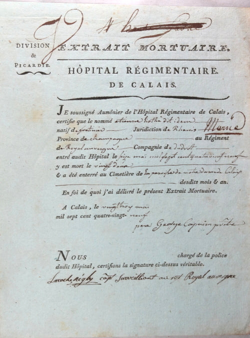 1789 Calais Extrait Mortaire pour soldat du Régiment Royal Auvergne