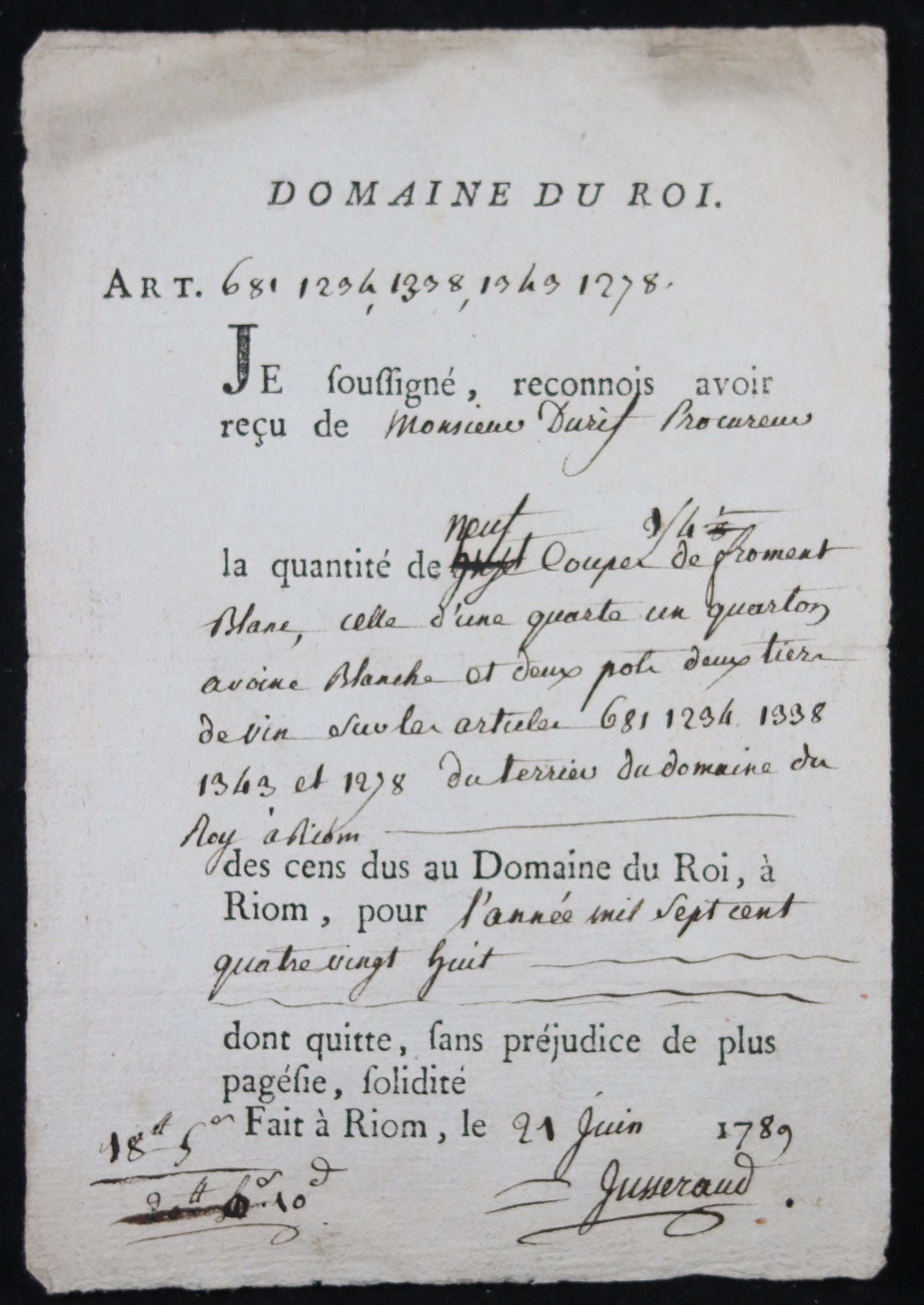 1789 Domaine du Roi à Riom, quittance réception de froment