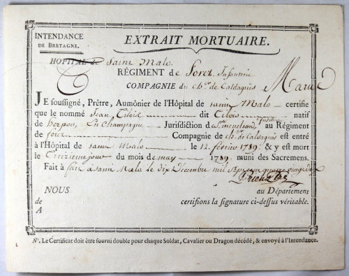 1789 Extrait Mortuaire Hopital Saint Malo – fusilier Régiment de Forez