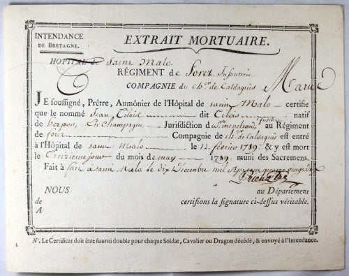 1789 Extrait Mortuaire Hopital Saint Malo – fusilier Régiment de Forez 1789 Extrait Mortuaire Hopital Saint Malo – fusilier Régiment de Forez