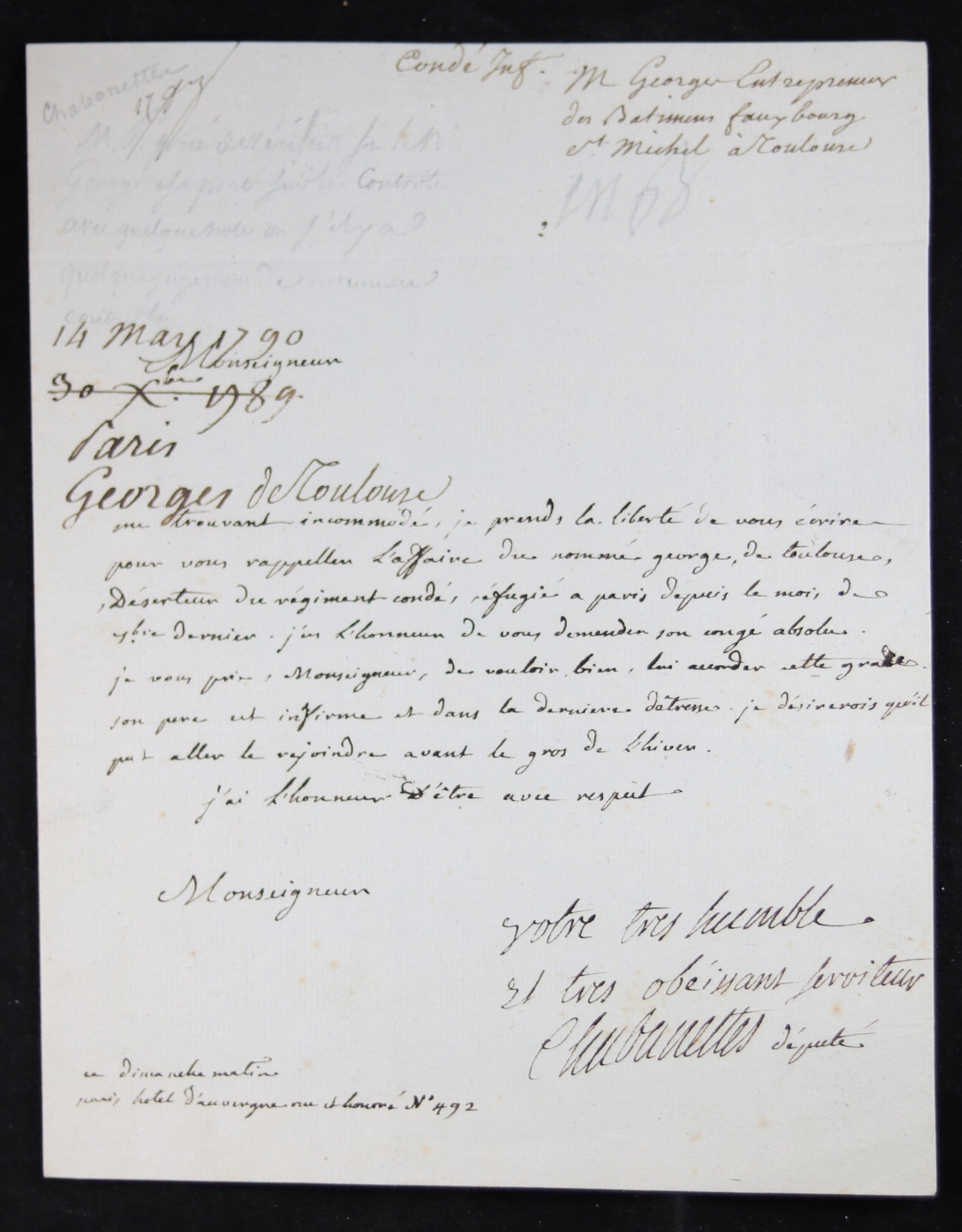 1789 Lettre du député Chabanettes au Ministre de la Guerre Latour Dupin
