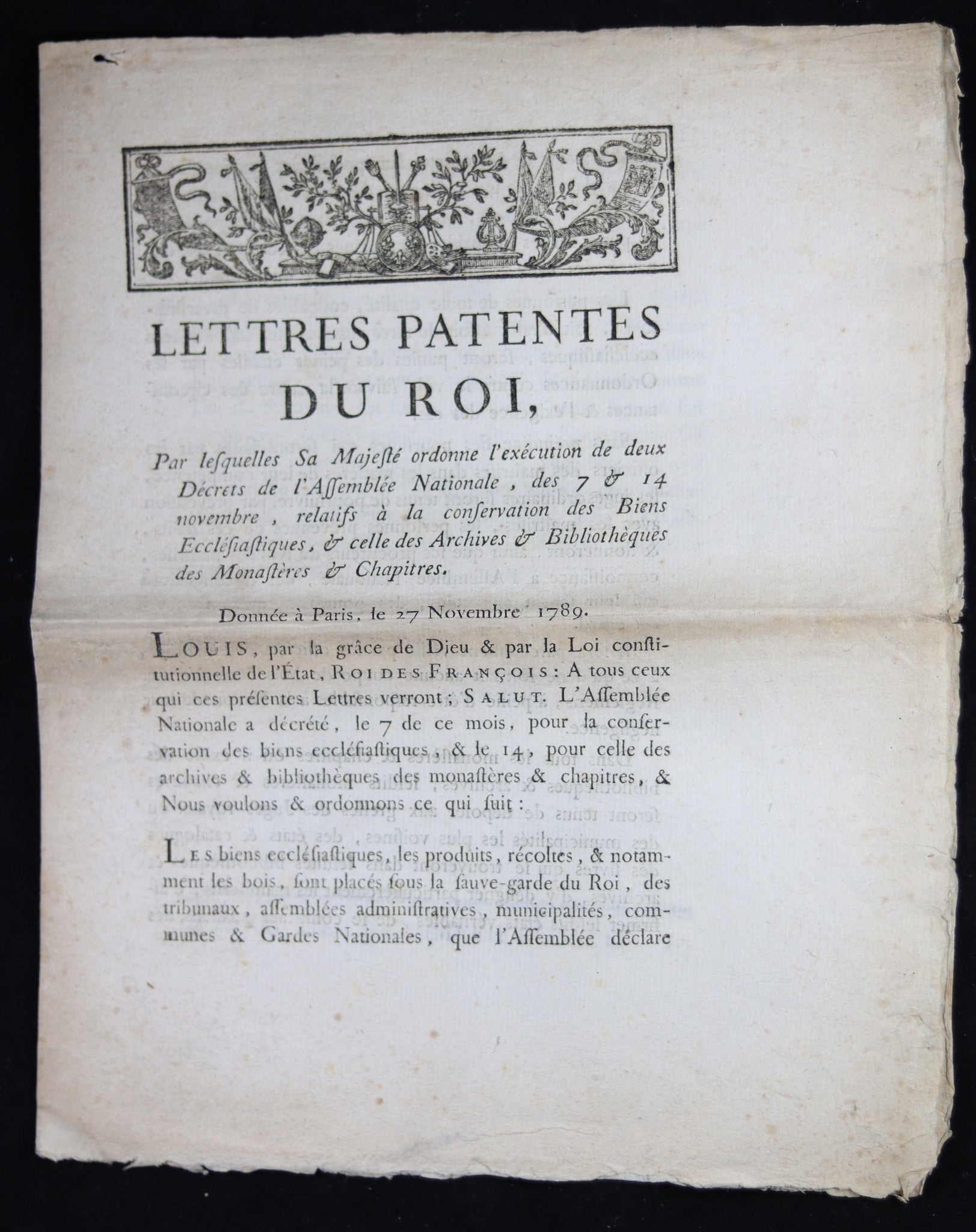 1789 Lettres Patentes du Roi sur Biens Ecclésiastiques 1789 Lettres Patentes du Roi sur Biens Ecclésiastiques