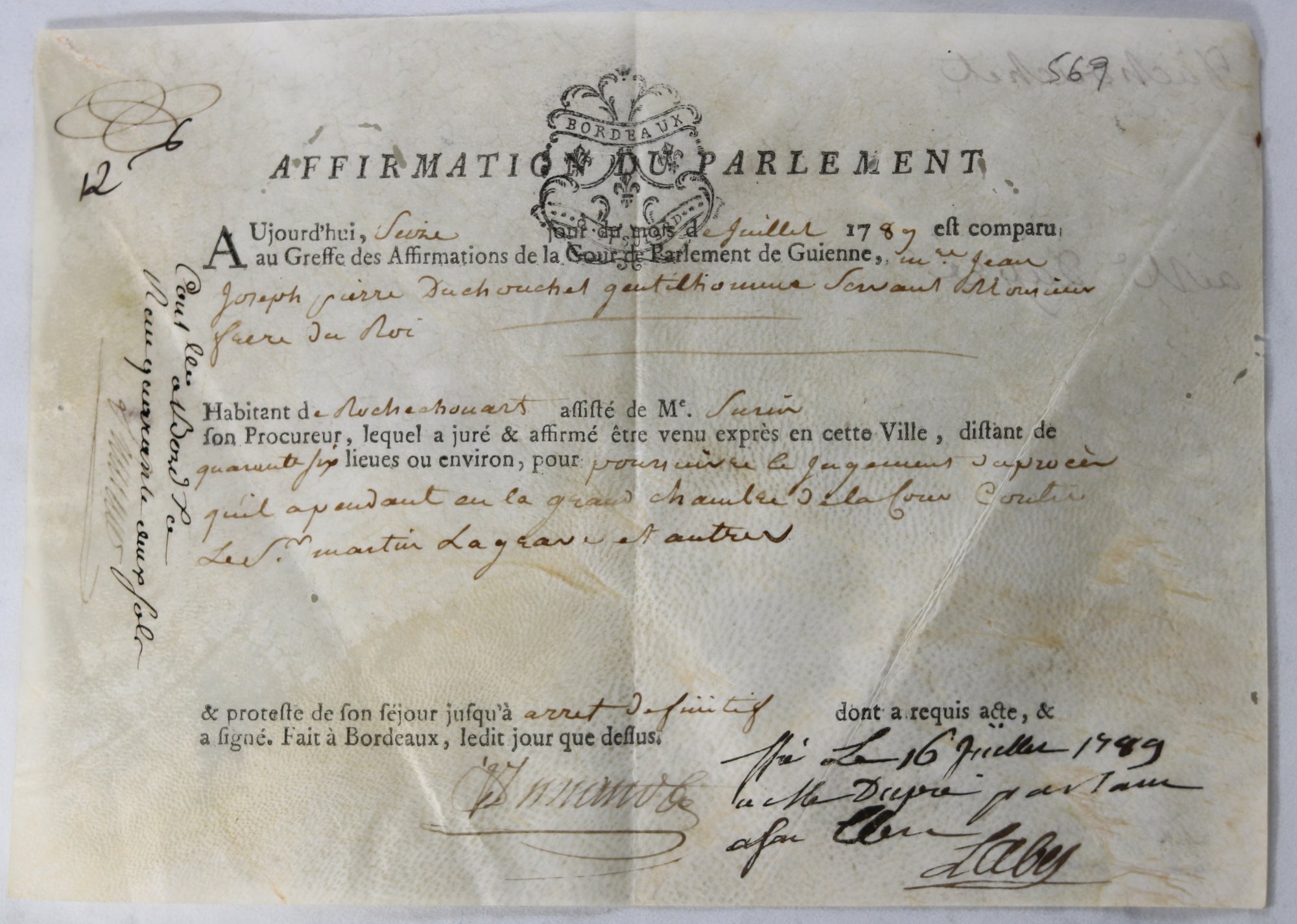 1789 document judicière Bordeaux, gentilhomme servant Frère du Roi