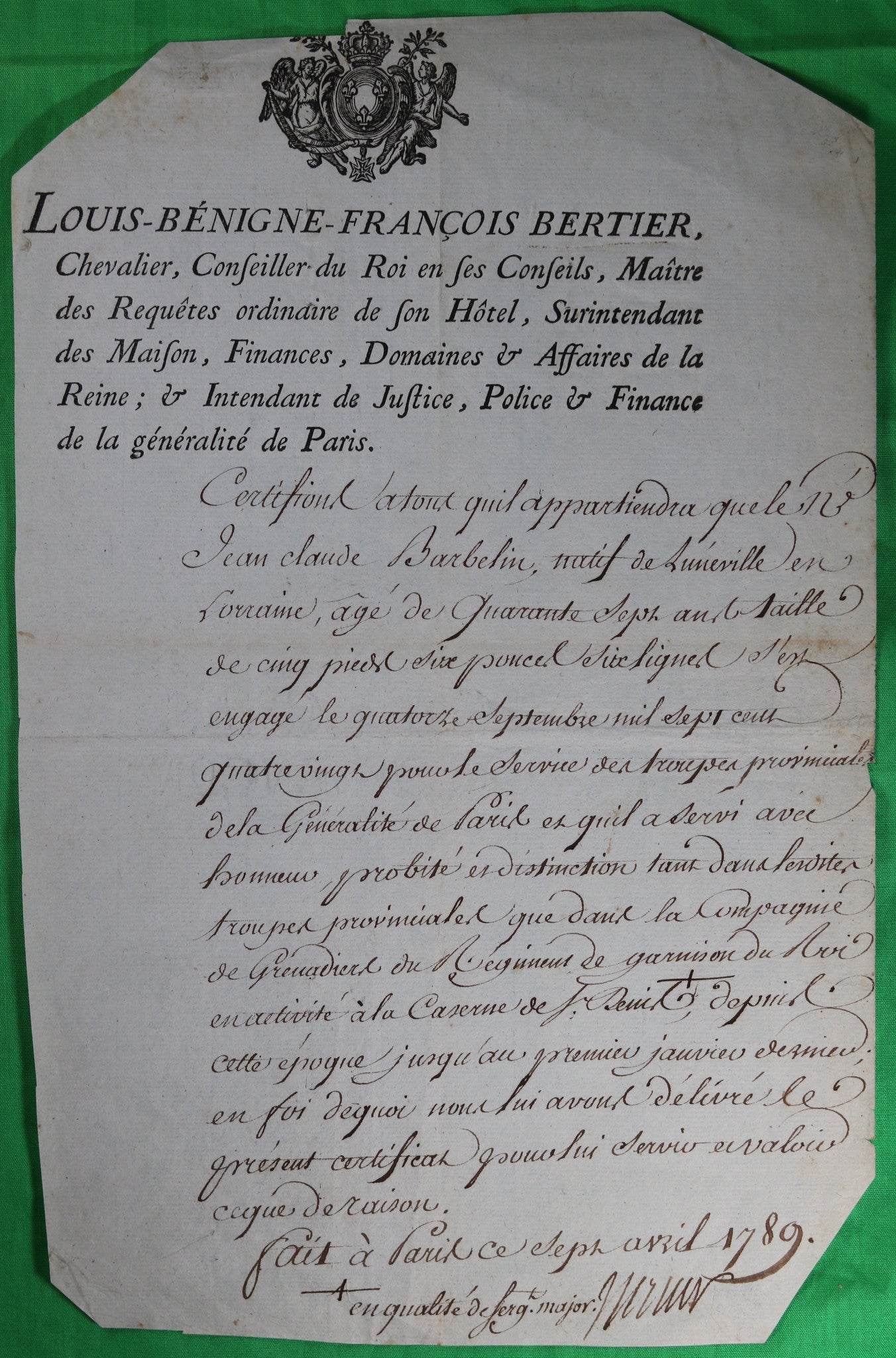 1789 lettre signé par Louis Bertier de Sauvigny, Intendant de Paris
