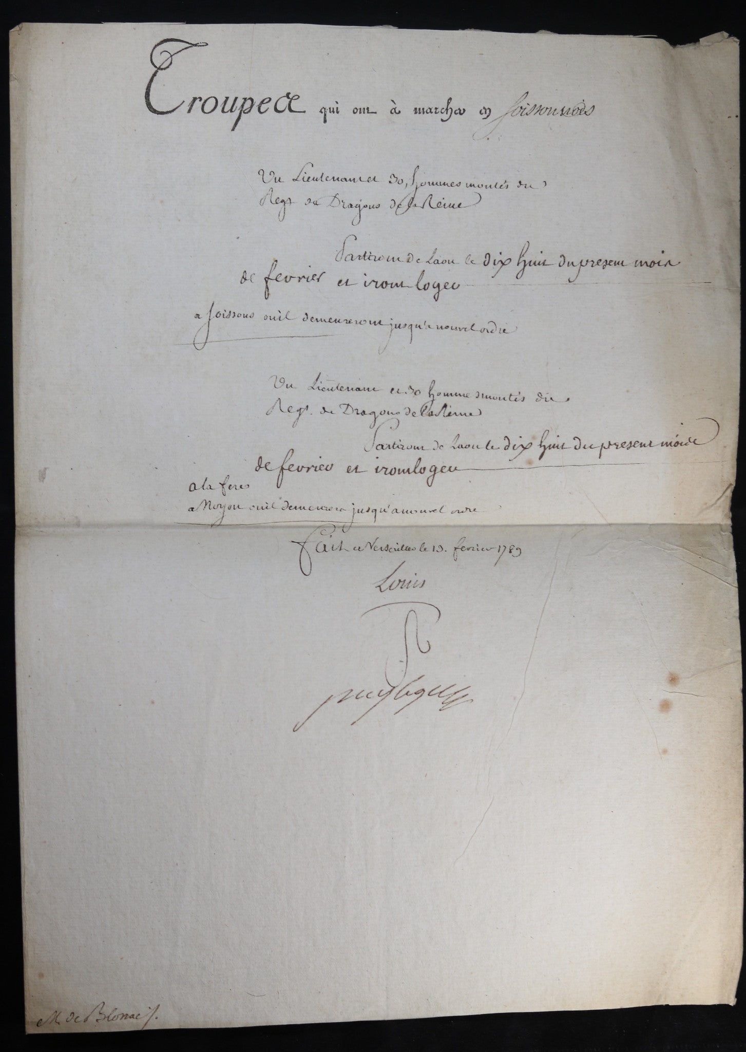 1789 ordre de mission pour Dragons, signé Louis XVI et Puysegur