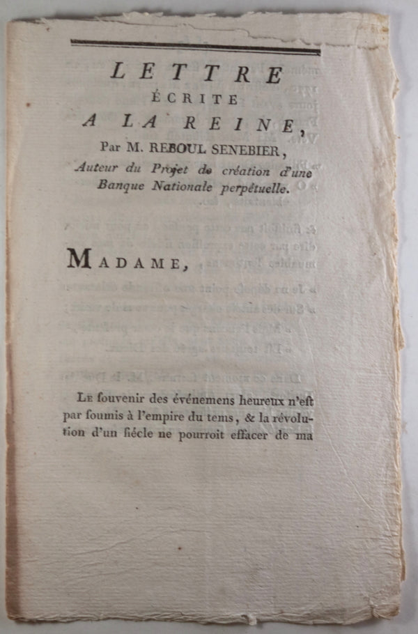 1789 pamphlet de Reboul Senebier à Marie Antoinette, banque nationale