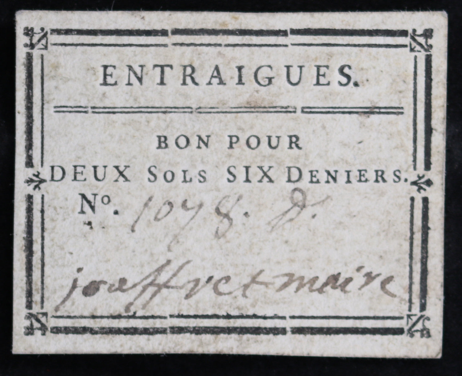 1790-93 billet de confiance de 2 sols 6 deniers d'Entraigues (Vaucluse)