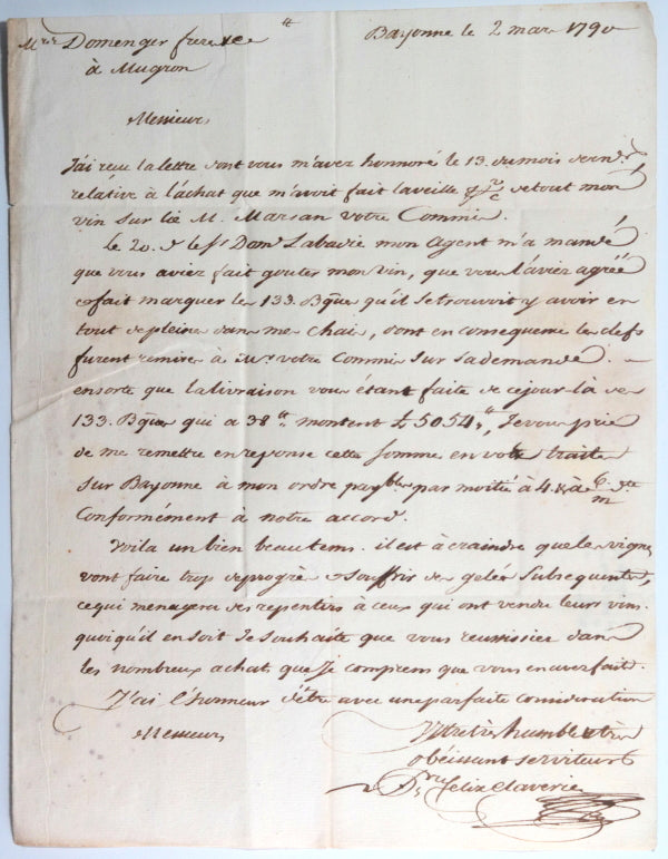1790 Bayonne Claverie, négociant de vin a un autre négociant à Mugron
