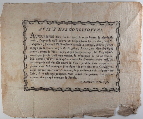 1790 Dax (Landes), défense de M. Ramonbordes contre accusations