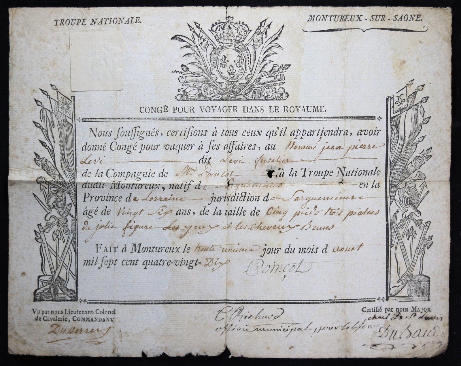 1790 Congé – Troupe Nationale Montureux-Sur-Saône (Vosges)