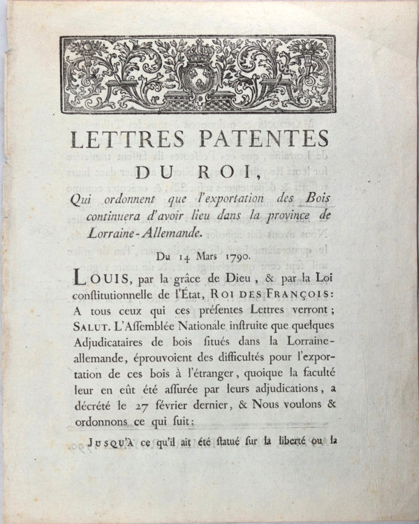1790 Lettres Patentes, exportation Bois de Lorraine-Allemande
