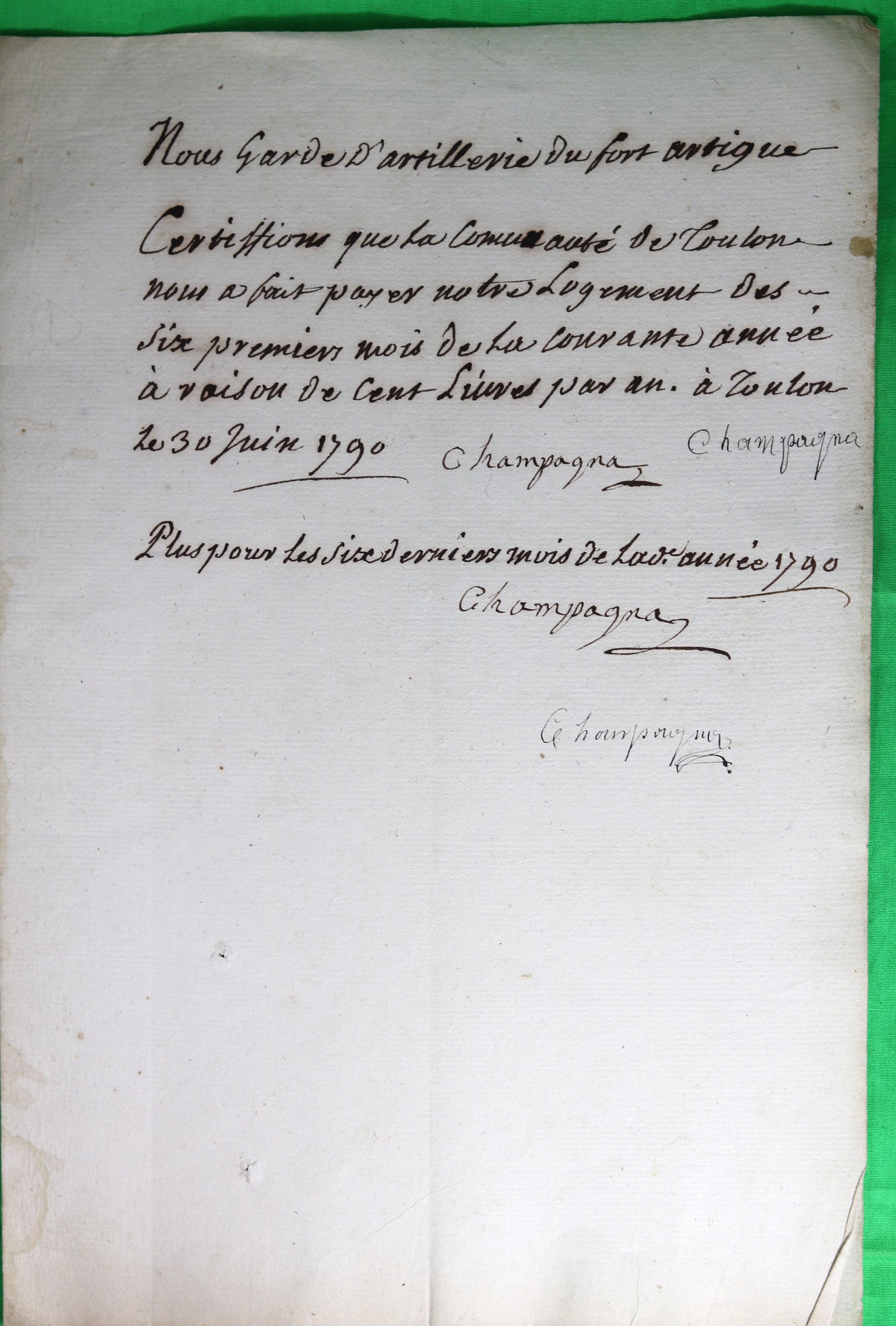1790 Lot de 7 certificats logement pour troupes à Toulon