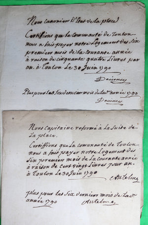 1790 Lot de 7 certificats logement pour troupes à Toulon