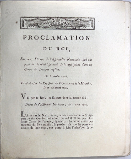 1790 Proclamation du Roi, discipline dans Corps de Troupes réglées