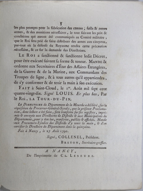 1790 Proclamation du Roi, passage Troupes étrangères sur territoire de France