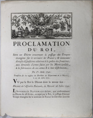 1790 Proclamation du Roi, passage Troupes étrangères sur territoire de France