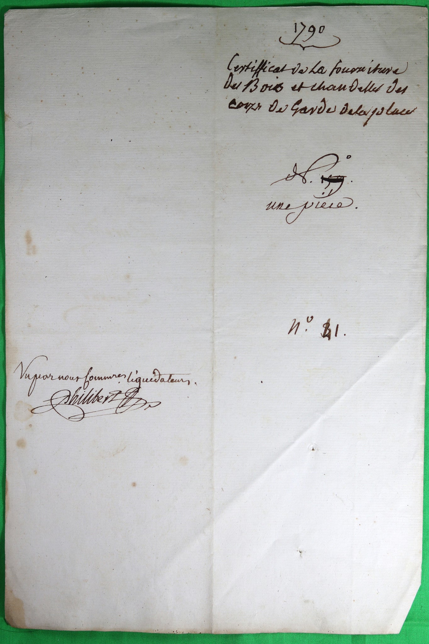 1790 Toulon certificat de fourniture corps de garde, Major fusillé en 1793