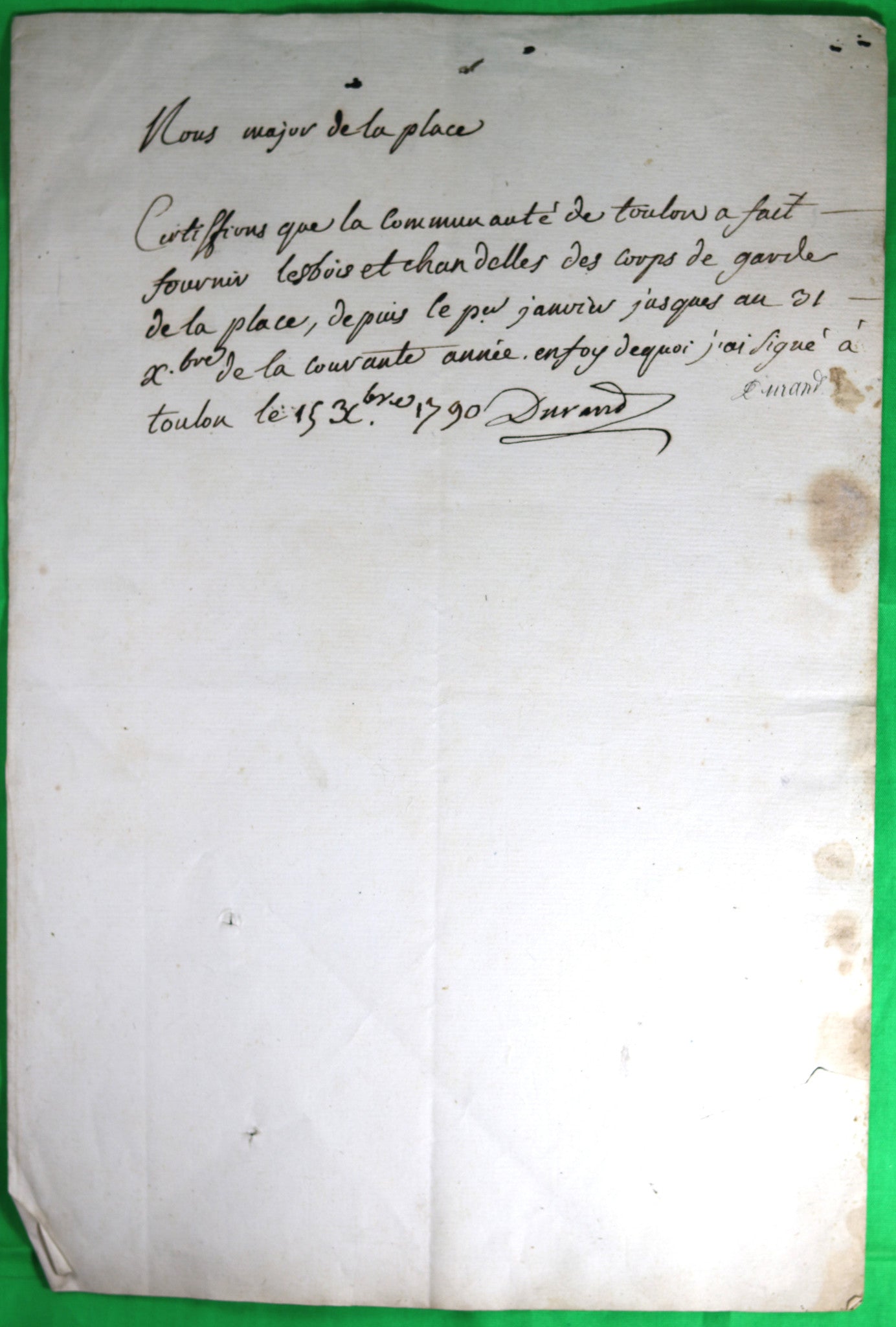 1790 Toulon certificat de fourniture corps de garde, Major fusillé en 1793