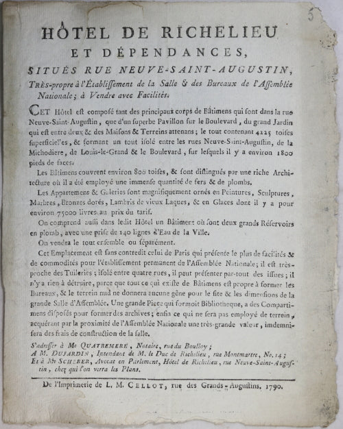 1790 affichette vente de Hotel de Richelieu Paris (Assemblée Nationale)