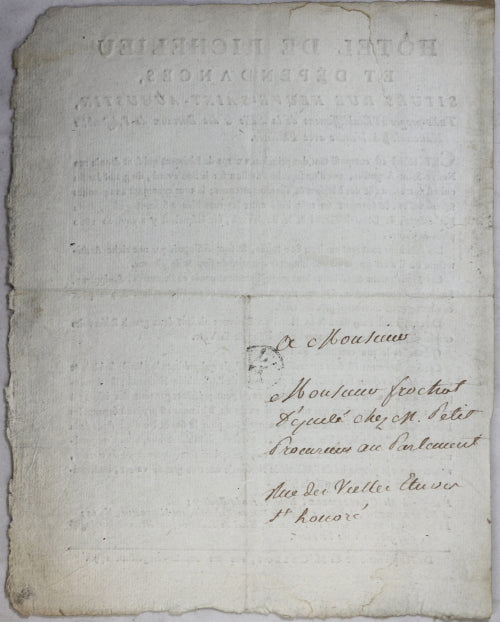1790 affichette vente de Hotel de Richelieu Paris (Assemblée Nationale)