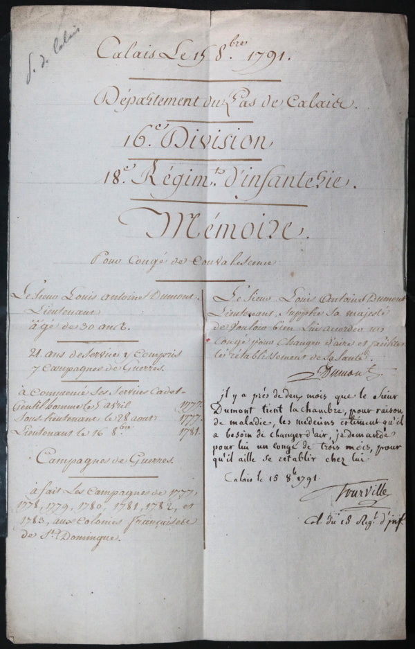 1791 Calais 18e Regiment Infanterie congé de convalescence Lt. Dumont
