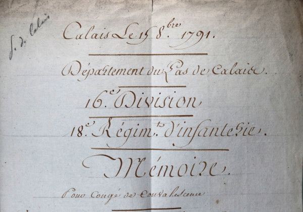 1791 Calais 18e Regiment Infanterie congé de convalescence Lt. Dumont