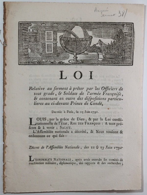 1791 France Loi serment à prêter Officiers  Soldats armée Française