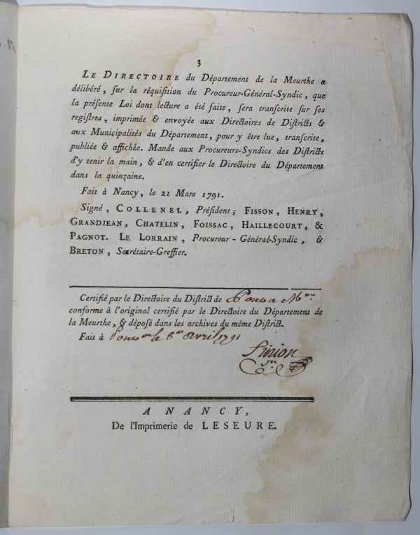 1791 France Paris Révolution 3 Lois, une proclamation Louis XVI