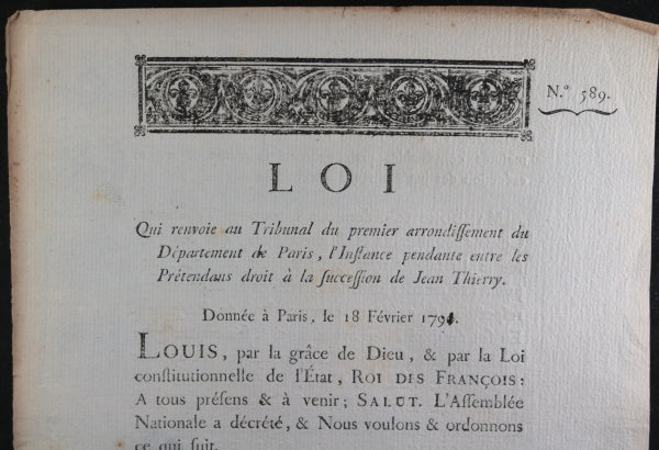 1791 Loi renvoie au Tribunal Paris, succession de Jean Thierry