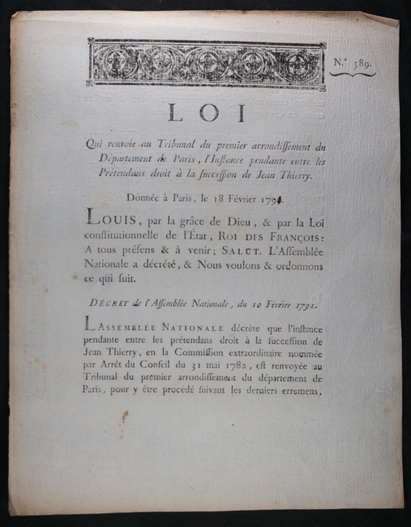 1791 Loi renvoie au Tribunal Paris, succession de Jean Thierry