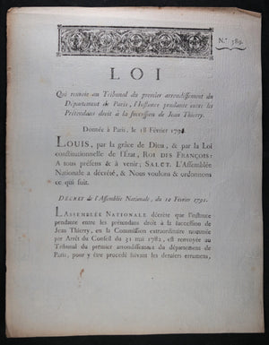 1791 Loi renvoie au Tribunal Paris, succession de Jean Thierry