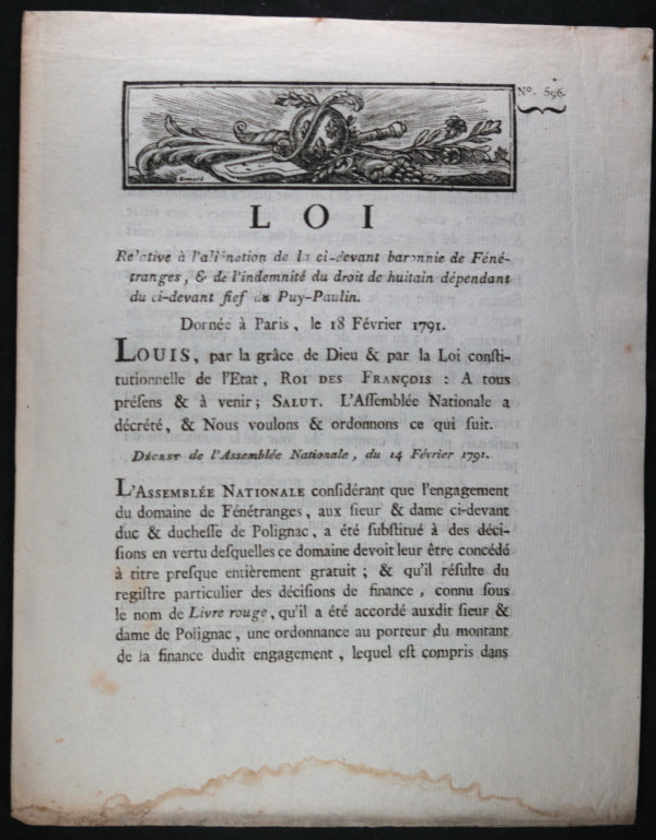 1791 Paris Loi alienation de la ci-devant baronnie de Fénétranges