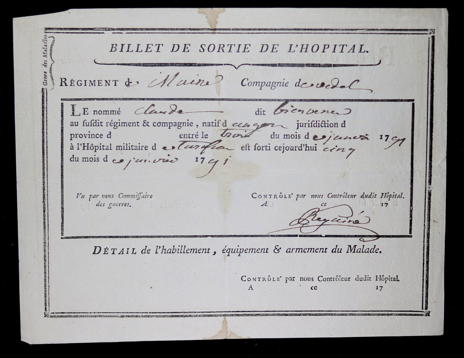 1791 Billet de sortie d'hôpital militaire - Régiment de Maine