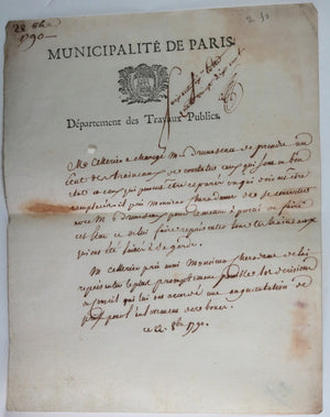 1791 Paris, Dépt. des Travaux Publics nettoiement de la ville (boues)