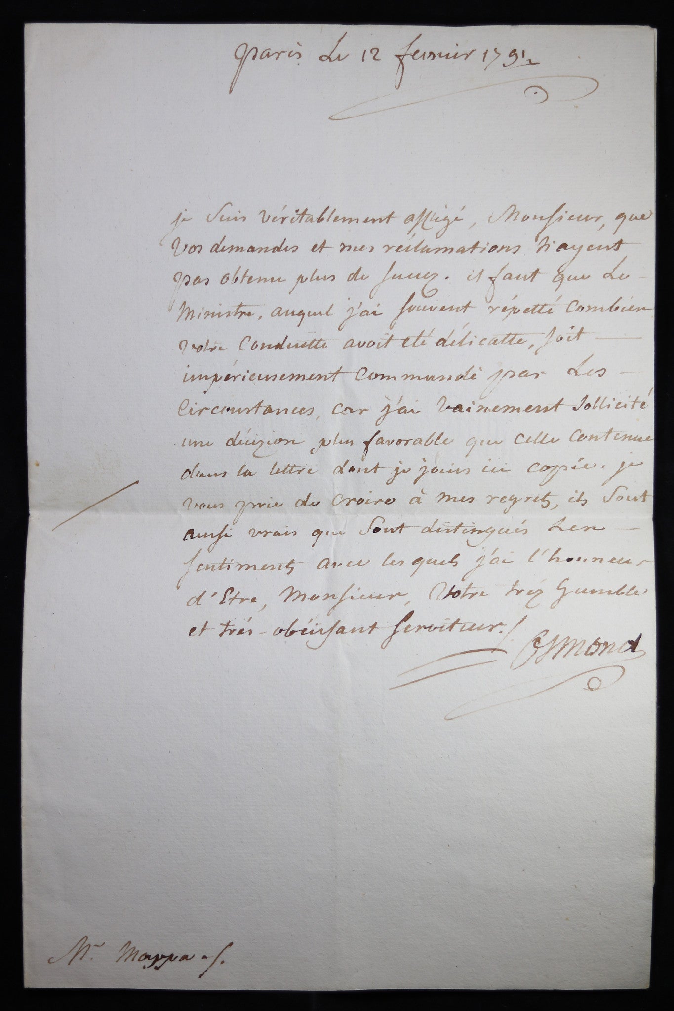 1791 Paris  – Lettre d'Osmond Comte de Boitron à M. Mappa